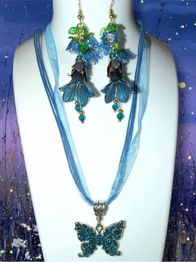 Handmade Butterfly Pendant Necklace with Coordinating Floral Earrings - Blue